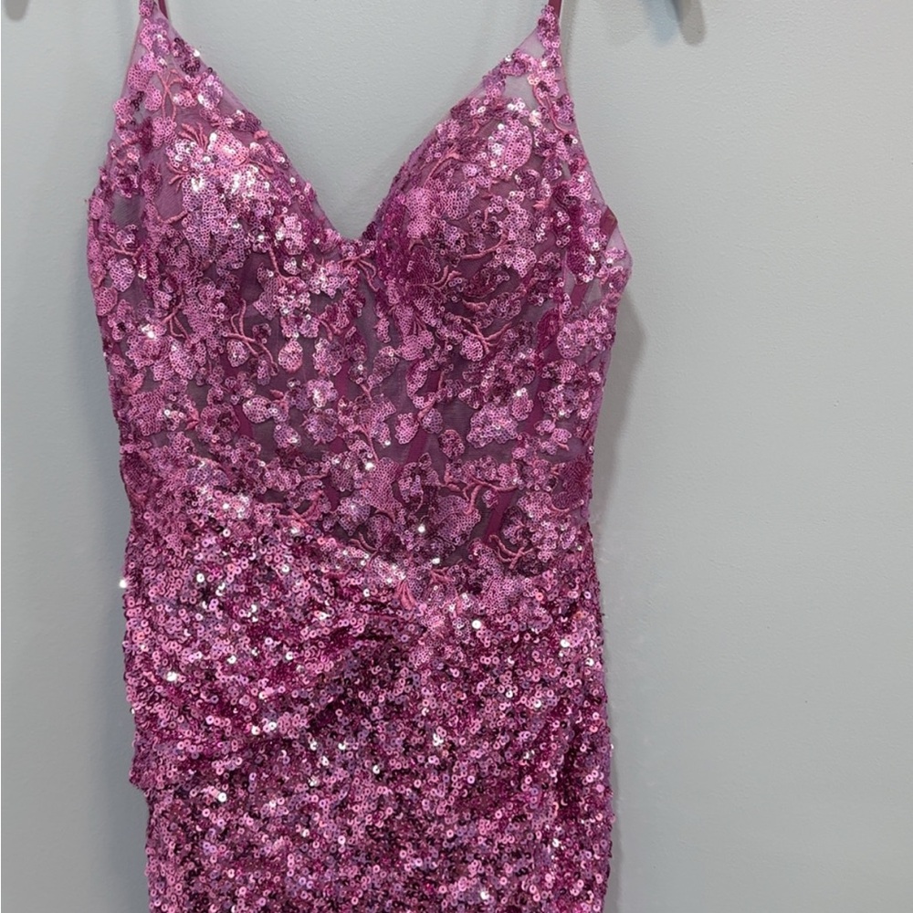 Glamorous Pink Floral Sequin Prom Dress